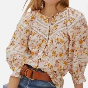 Hester Orchard Women's Blouse Floral Lace Peasant Prairie Cotton Size L